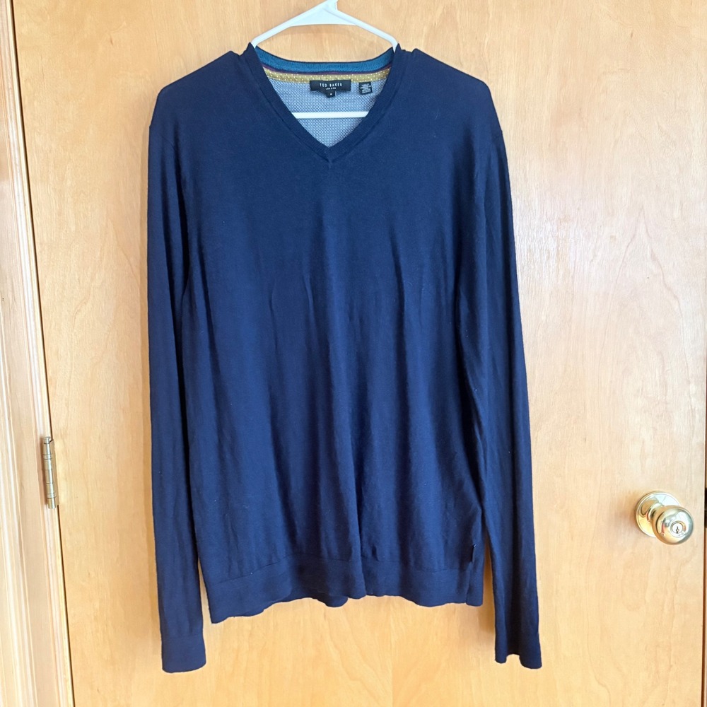 Ted‎ Baker V-Neck Sweater Mens 6 Navy Blue Wool Silk Cashmere Blend GK11 CASHGUY